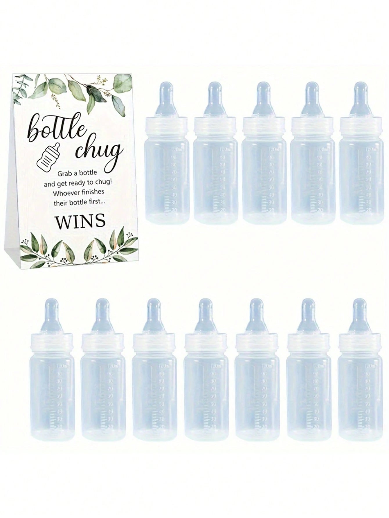13pcs/1pc-Gender Reveal Baby Bottle Beer Game Set, Baby Shower Bottle Beer Game Accessories, Eucalyptus Bottle Beer Game Signs + Transparent Plastic Baby Bottles, Eucalyptus Bottle Beer Game Signs And
