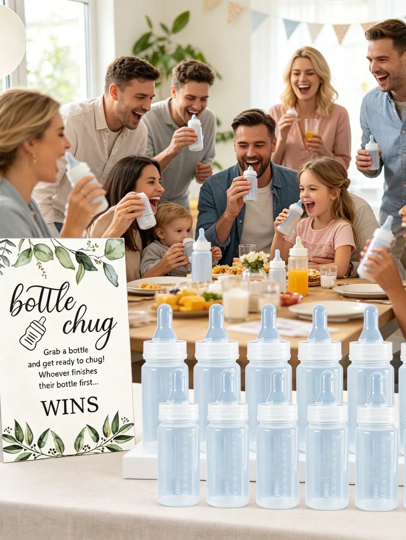 13pcs/1pc-Gender Reveal Baby Bottle Beer Game Set, Baby Shower Bottle Beer Game Accessories, Eucalyptus Bottle Beer Game Signs + Transparent Plastic Baby Bottles, Eucalyptus Bottle Beer Game Signs And