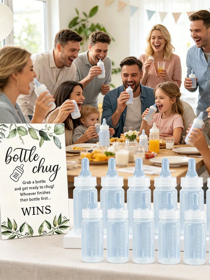 13pcs/1pc-Gender Reveal Baby Bottle Beer Game Set, Baby Shower Bottle Beer Game Accessories, Eucalyptus Bottle Beer Game Signs + Transparent Plastic Baby Bottles, Eucalyptus Bottle Beer Game Signs And