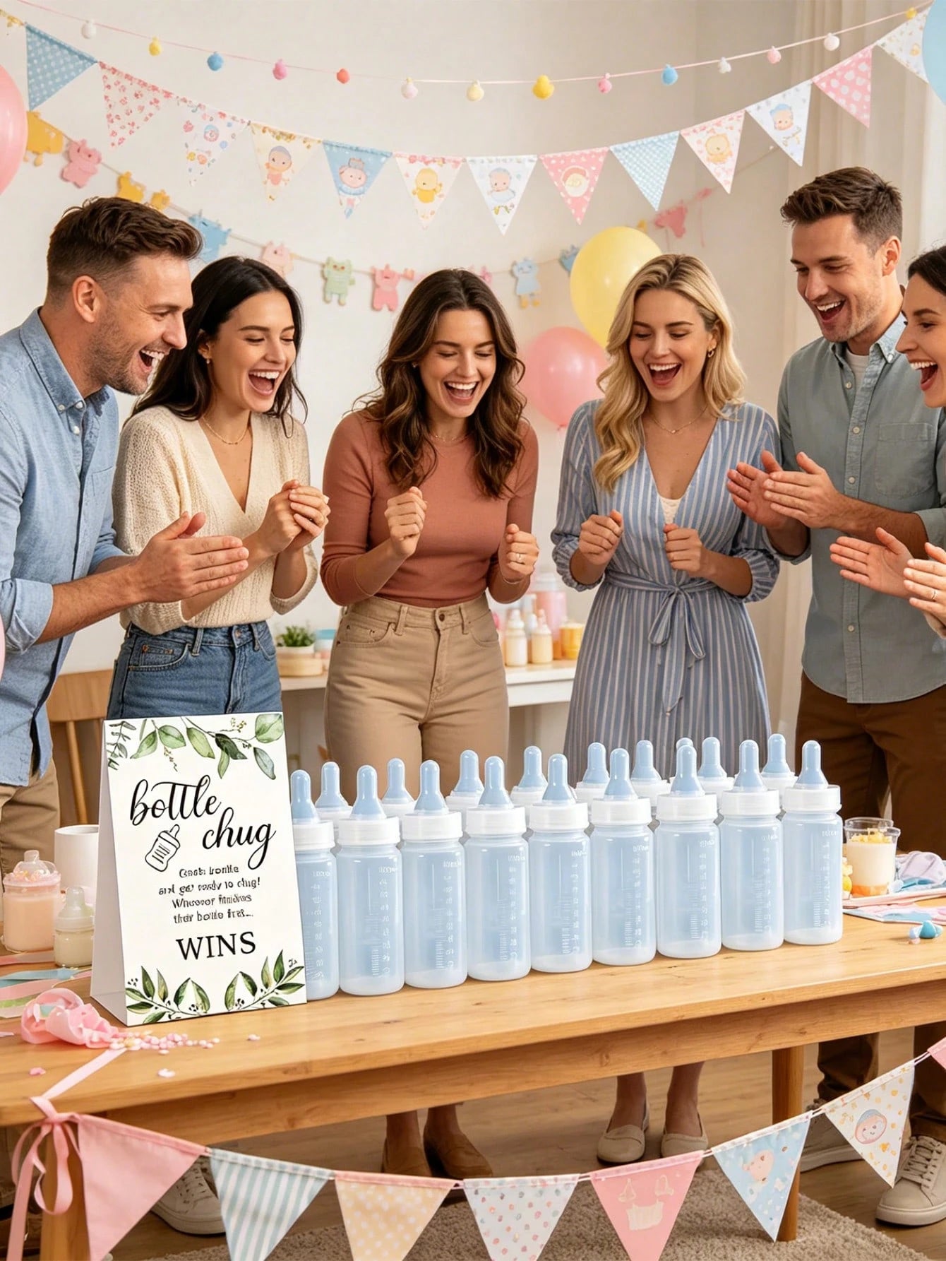 13pcs/1pc-Gender Reveal Baby Bottle Beer Game Set, Baby Shower Bottle Beer Game Accessories, Eucalyptus Bottle Beer Game Signs + Transparent Plastic Baby Bottles, Eucalyptus Bottle Beer Game Signs And