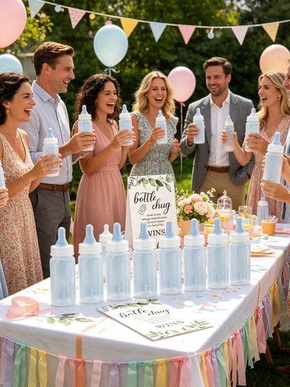 13pcs/1pc-Gender Reveal Baby Bottle Beer Game Set, Baby Shower Bottle Beer Game Accessories, Eucalyptus Bottle Beer Game Signs + Transparent Plastic Baby Bottles, Eucalyptus Bottle Beer Game Signs And