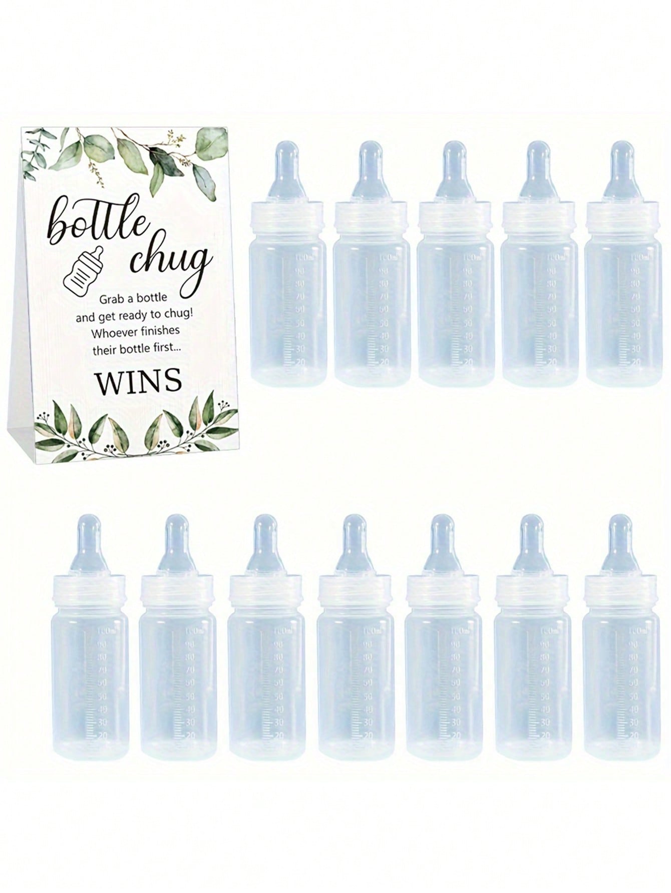 13pcs/1pc-Gender Reveal Baby Bottle Beer Game Set, Baby Shower Bottle Beer Game Accessories, Eucalyptus Bottle Beer Game Signs + Transparent Plastic Baby Bottles, Eucalyptus Bottle Beer Game Signs And