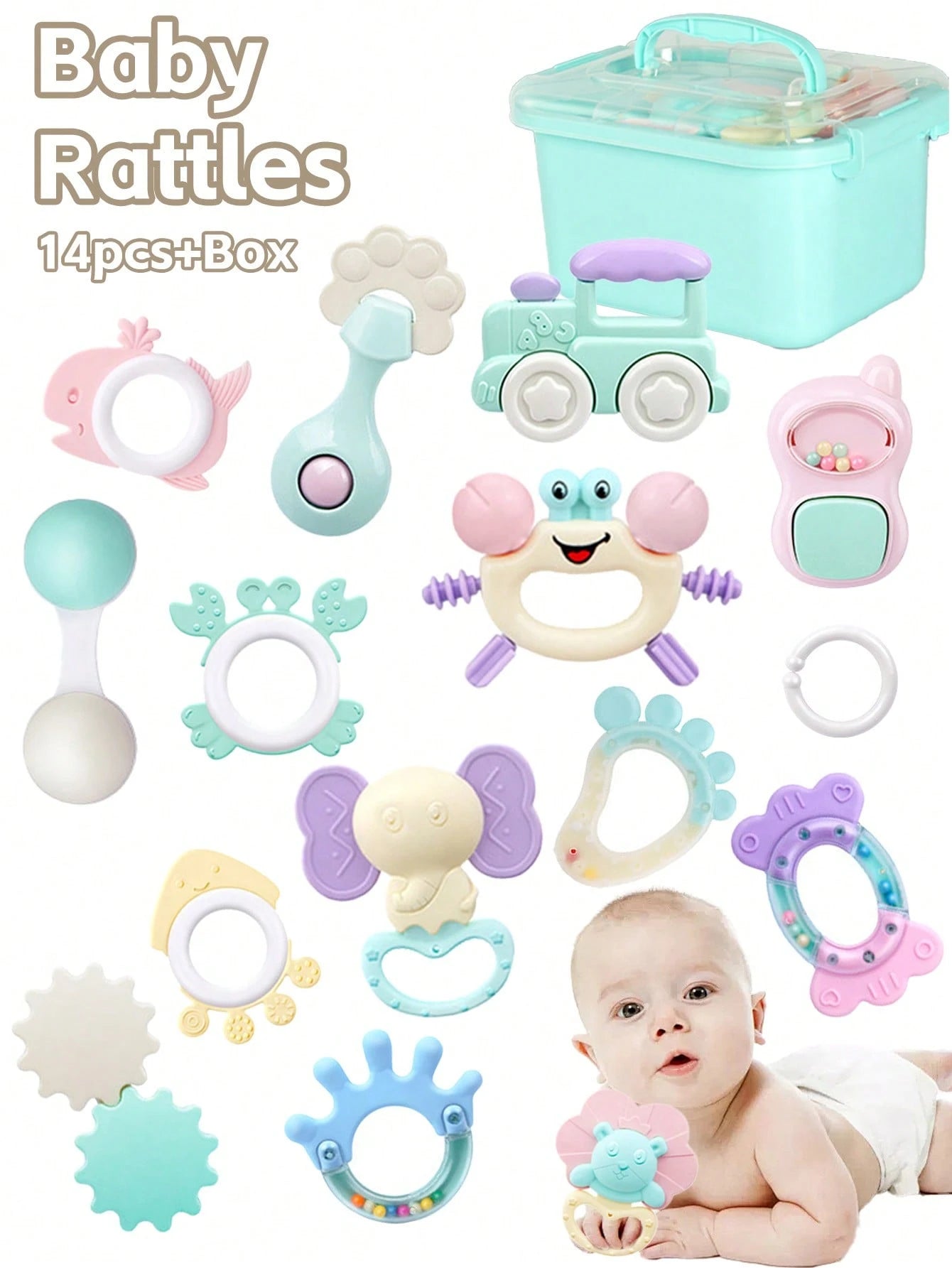 14pcs Baby Rattle Soothing Toy Set, Including Grasp, Rattle, Teether Sensory Toys, Easy To Grip, Suitable For Newborns, Promote Early Sensory Development, With Storage Box, Ideal For Newborn Baby Boys