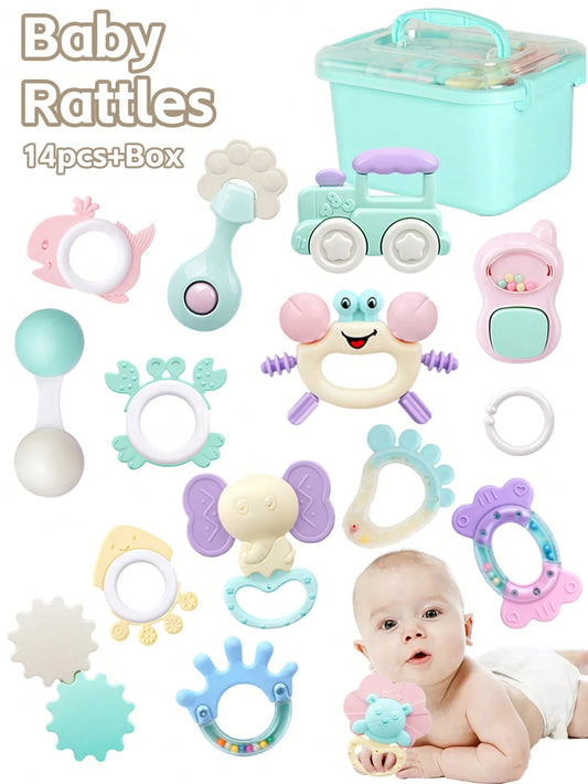 14pcs Baby Rattle Soothing Toy Set, Including Grasp, Rattle, Teether Sensory Toys, Easy To Grip, Suitable For Newborns, Promote Early Sensory Development, With Storage Box, Ideal For Newborn Baby Boys