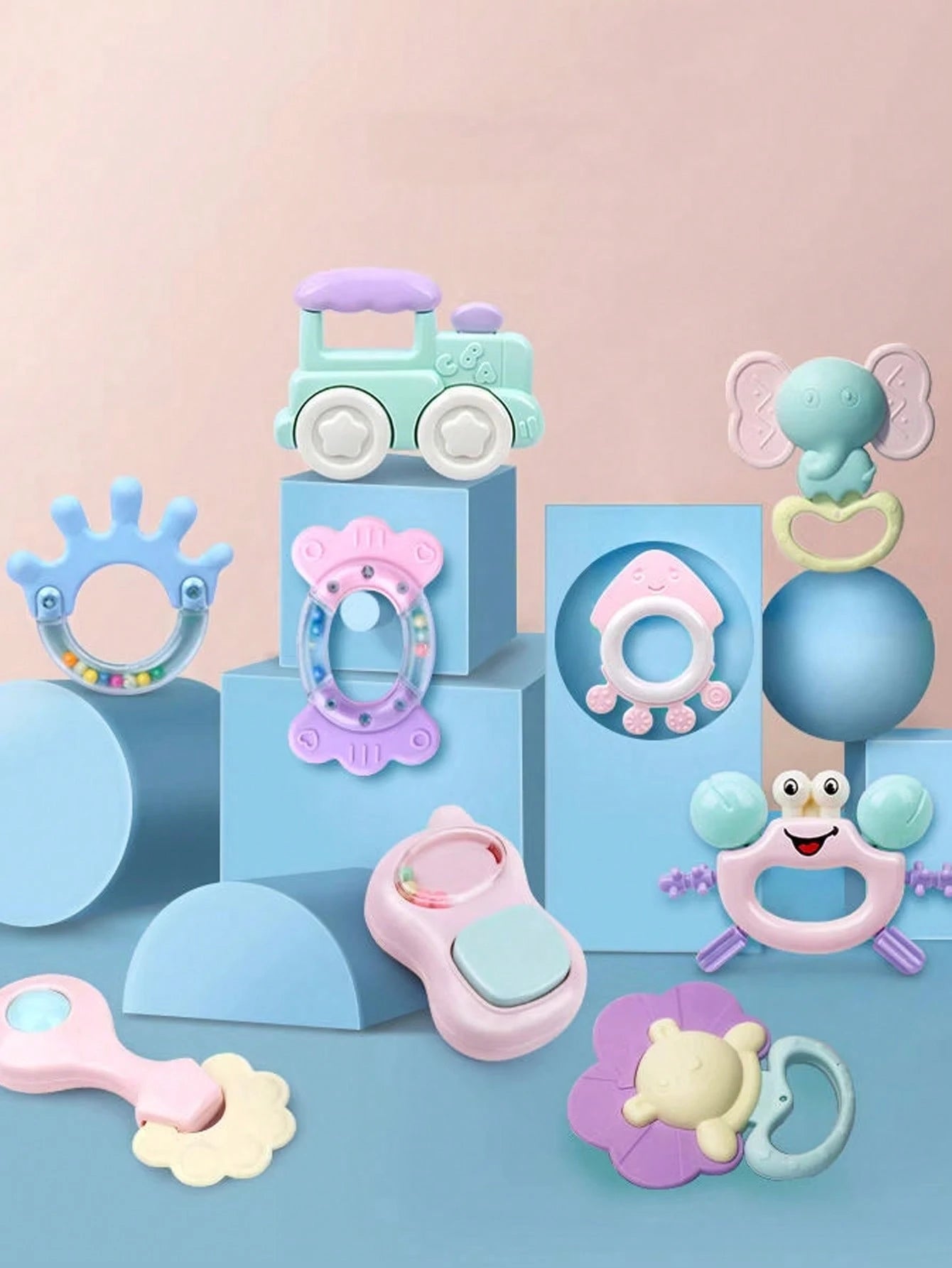 14pcs Baby Rattle Soothing Toy Set, Including Grasp, Rattle, Teether Sensory Toys, Easy To Grip, Suitable For Newborns, Promote Early Sensory Development, With Storage Box, Ideal For Newborn Baby Boys