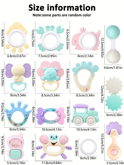 14pcs Baby Rattle Soothing Toy Set, Including Grasp, Rattle, Teether Sensory Toys, Easy To Grip, Suitable For Newborns, Promote Early Sensory Development, With Storage Box, Ideal For Newborn Baby Boys