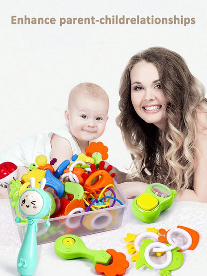 14pcs Baby Rattle Soothing Toy Set, Including Grasp, Rattle, Teether Sensory Toys, Easy To Grip, Suitable For Newborns, Promote Early Sensory Development, With Storage Box, Ideal For Newborn Baby Boys