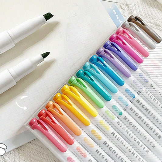 15 Color Fluorescent Pen Set Soft Water Double Headed Mark Pen Marking Note Number Pen Drawing Notebook Diary Student Stationery, Back To School
