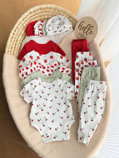 15-Piece Set Of Newborn Baby Girl Summer Cute Knitted Cherry And Strawberry Pattern Short-Sleeved Bodysuit, Pants, Hat, Gloves, And More.