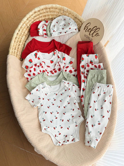 15-Piece Set Of Newborn Baby Girl Summer Cute Knitted Cherry And Strawberry Pattern Short-Sleeved Bodysuit, Pants, Hat, Gloves, And More.