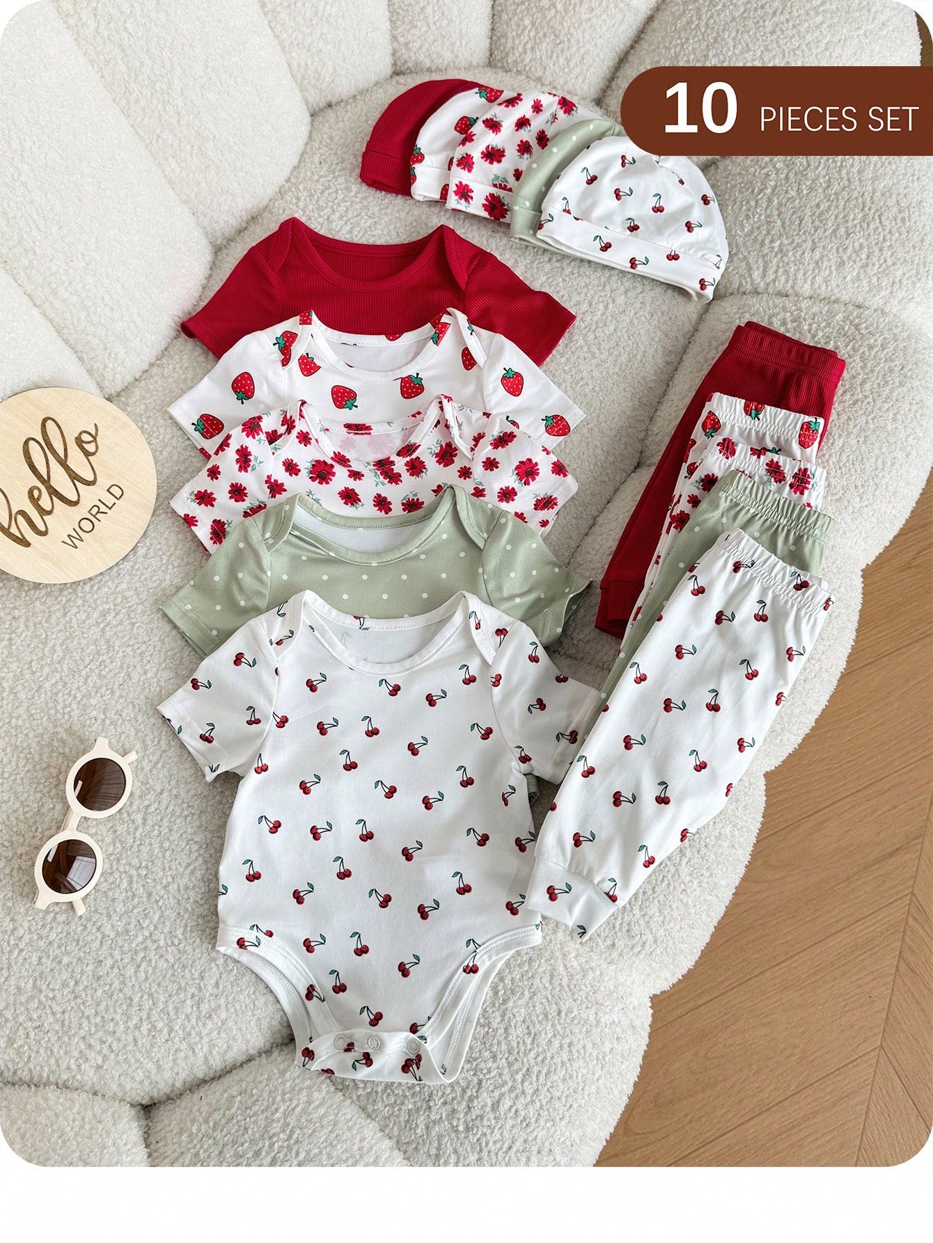 15-Piece Set Of Newborn Baby Girl Summer Cute Knitted Cherry And Strawberry Pattern Short-Sleeved Bodysuit, Pants, Hat, Gloves, And More.