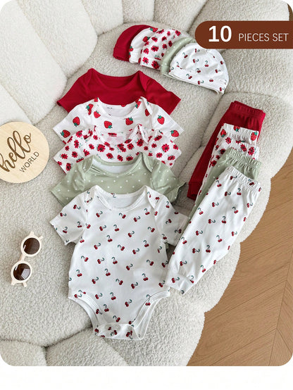 15-Piece Set Of Newborn Baby Girl Summer Cute Knitted Cherry And Strawberry Pattern Short-Sleeved Bodysuit, Pants, Hat, Gloves, And More.