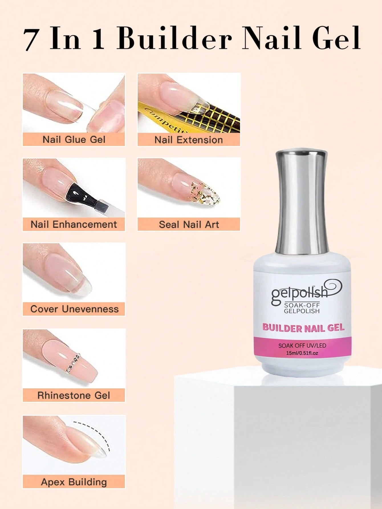 15ML Clear Builder Gel Nail Polish, Strengthening Gel, Extension Gel, Base Gel, 1 Bottle, Soak-Off Free, UV LED Gel Nail Extension