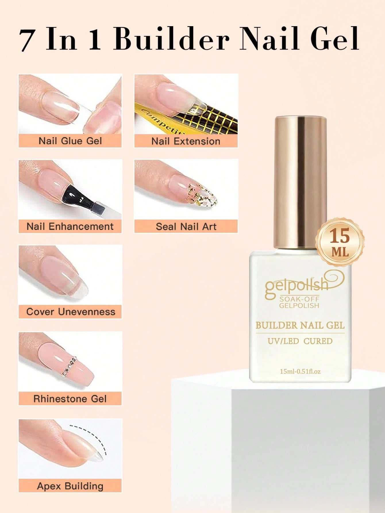 15ML Clear Builder Gel Nail Polish, Strengthening Gel, Extension Gel, Base Gel, 1 Bottle, Soak-Off Free, UV LED Gel Nail Extension