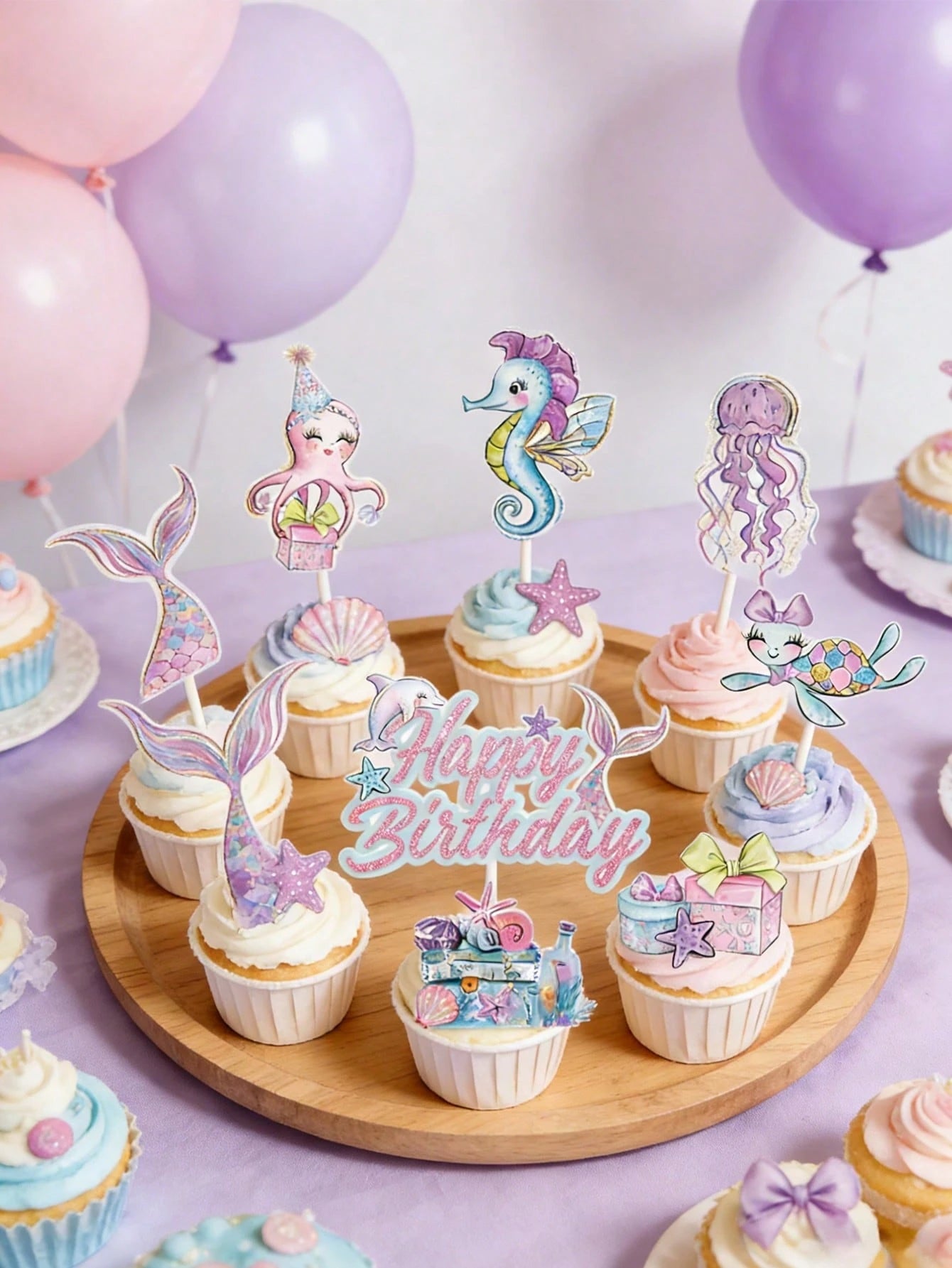 17pcs Mermaid Theme Cupcake Decorations, Pink & Purple Ocean Animal Cupcake Toppers, Cute Mermaid Birthday Decor, Birthday Cake Decorations, 1st Birthday Party Supplies, Gender Reveal Party Decor, Bac