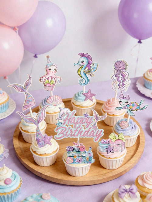 17pcs Mermaid Theme Cupcake Decorations, Pink & Purple Ocean Animal Cupcake Toppers, Cute Mermaid Birthday Decor, Birthday Cake Decorations, 1st Birthday Party Supplies, Gender Reveal Party Decor, Bac
