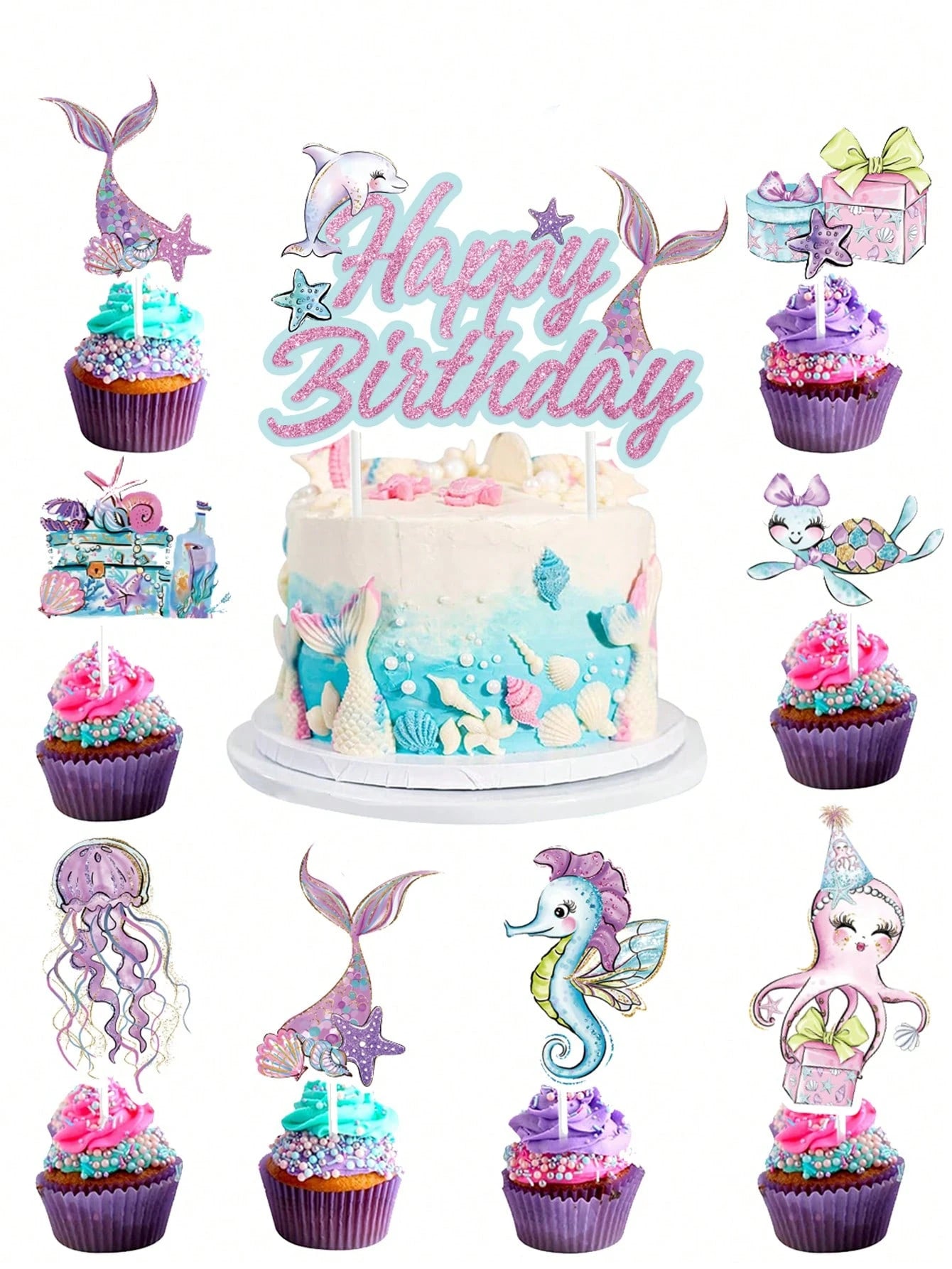 17pcs Mermaid Theme Cupcake Decorations, Pink & Purple Ocean Animal Cupcake Toppers, Cute Mermaid Birthday Decor, Birthday Cake Decorations, 1st Birthday Party Supplies, Gender Reveal Party Decor, Bac