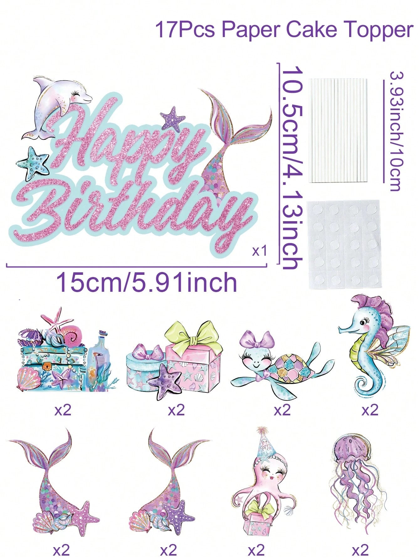 17pcs Mermaid Theme Cupcake Decorations, Pink & Purple Ocean Animal Cupcake Toppers, Cute Mermaid Birthday Decor, Birthday Cake Decorations, 1st Birthday Party Supplies, Gender Reveal Party Decor, Bac