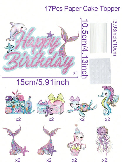 17pcs Mermaid Theme Cupcake Decorations, Pink & Purple Ocean Animal Cupcake Toppers, Cute Mermaid Birthday Decor, Birthday Cake Decorations, 1st Birthday Party Supplies, Gender Reveal Party Decor, Bac