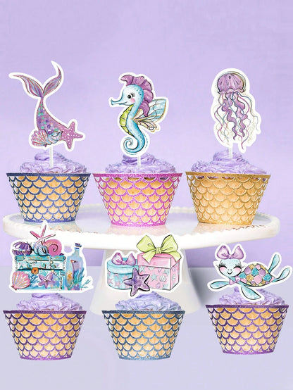 17pcs Mermaid Theme Cupcake Decorations, Pink & Purple Ocean Animal Cupcake Toppers, Cute Mermaid Birthday Decor, Birthday Cake Decorations, 1st Birthday Party Supplies, Gender Reveal Party Decor, Bac
