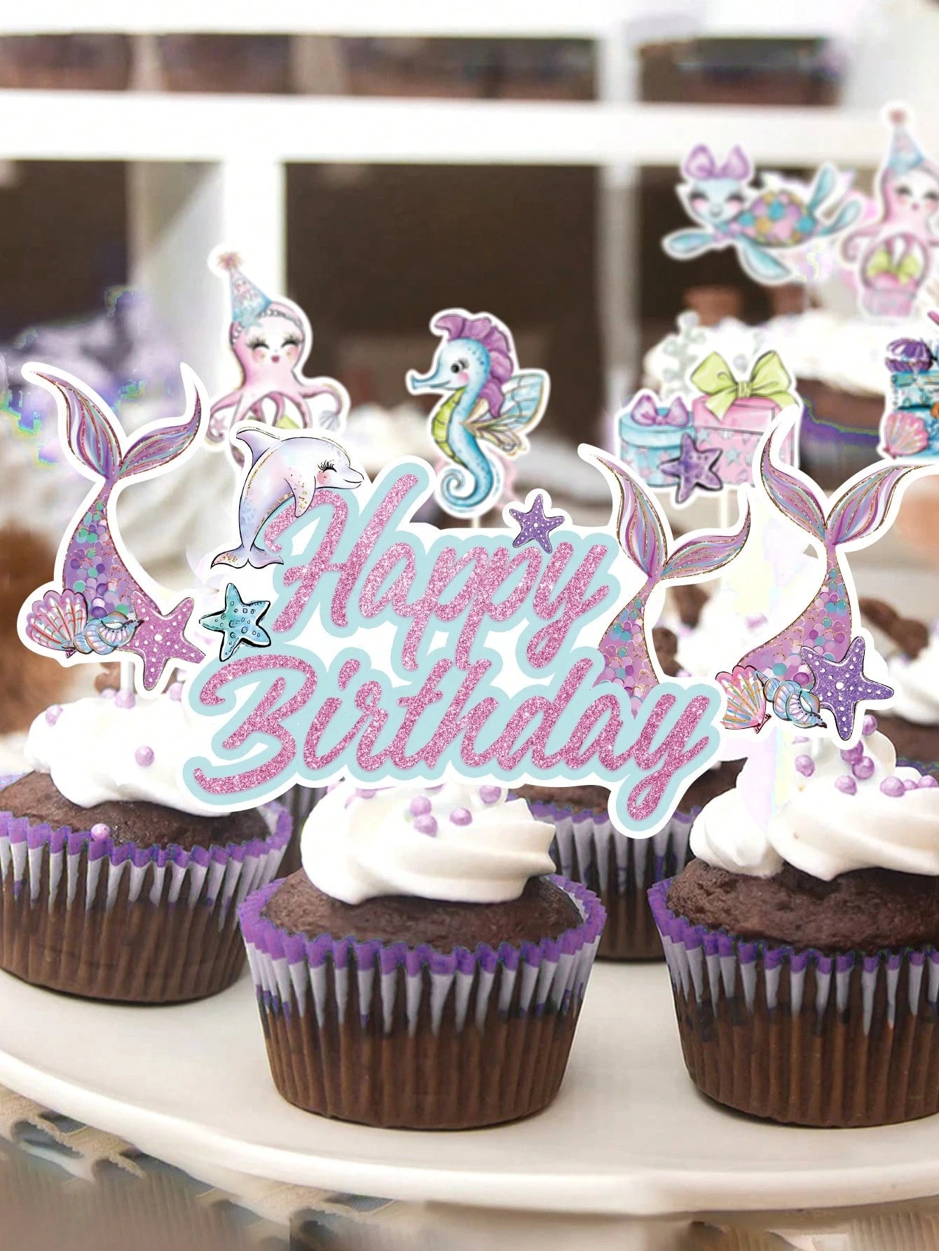17pcs Mermaid Theme Cupcake Decorations, Pink & Purple Ocean Animal Cupcake Toppers, Cute Mermaid Birthday Decor, Birthday Cake Decorations, 1st Birthday Party Supplies, Gender Reveal Party Decor, Bac