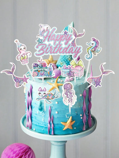 17pcs Mermaid Theme Cupcake Decorations, Pink & Purple Ocean Animal Cupcake Toppers, Cute Mermaid Birthday Decor, Birthday Cake Decorations, 1st Birthday Party Supplies, Gender Reveal Party Decor, Bac