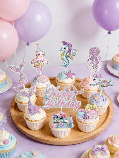 17pcs Mermaid Theme Cupcake Decorations, Pink & Purple Ocean Animal Cupcake Toppers, Cute Mermaid Birthday Decor, Birthday Cake Decorations, 1st Birthday Party Supplies, Gender Reveal Party Decor, Bac
