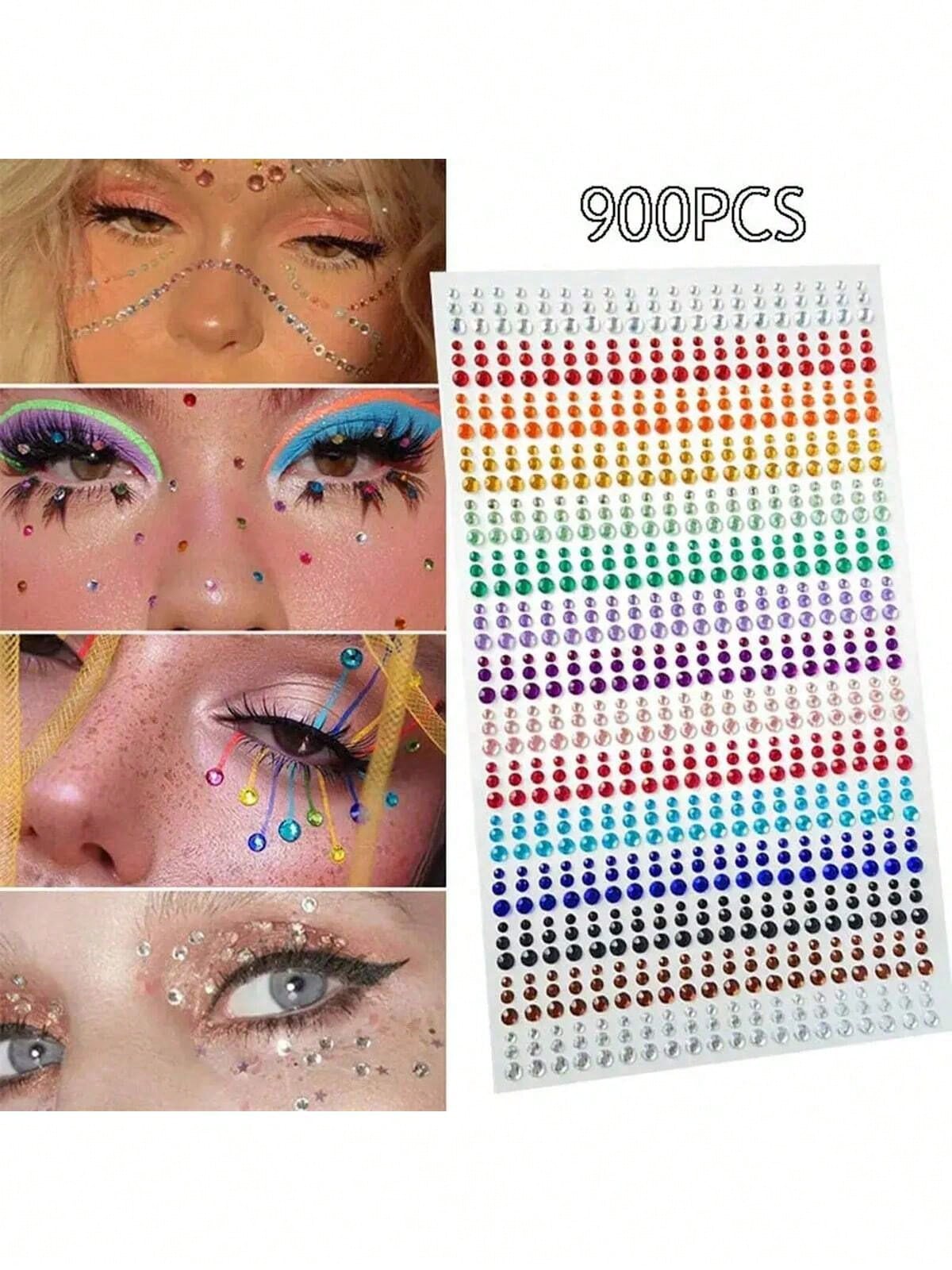 1800pcs/2sheets Rainbow Rhinestone Eye Stickers, DIY Colorful Eye Jewelry Accessories, Suitable For Music Festival, Stage Performance, Face Jewelry And Makeup,Concert Look,Face Gems