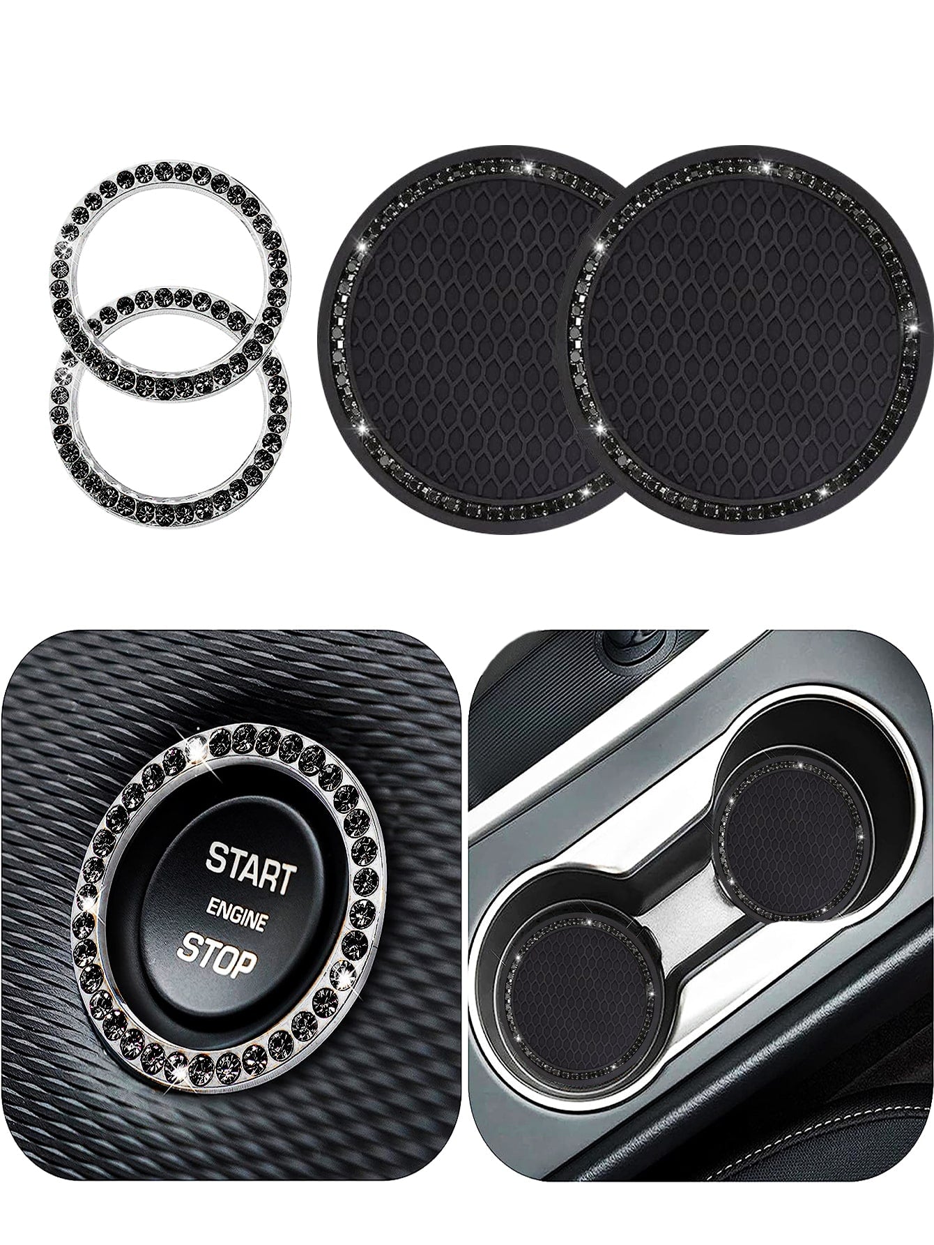 1pair Car Cup Holder Mats And 2pcs Engine Start/Stop Key Ring