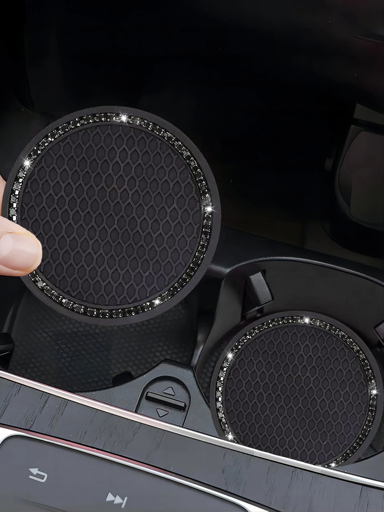 1pair Car Cup Holder Mats And 2pcs Engine Start/Stop Key Ring