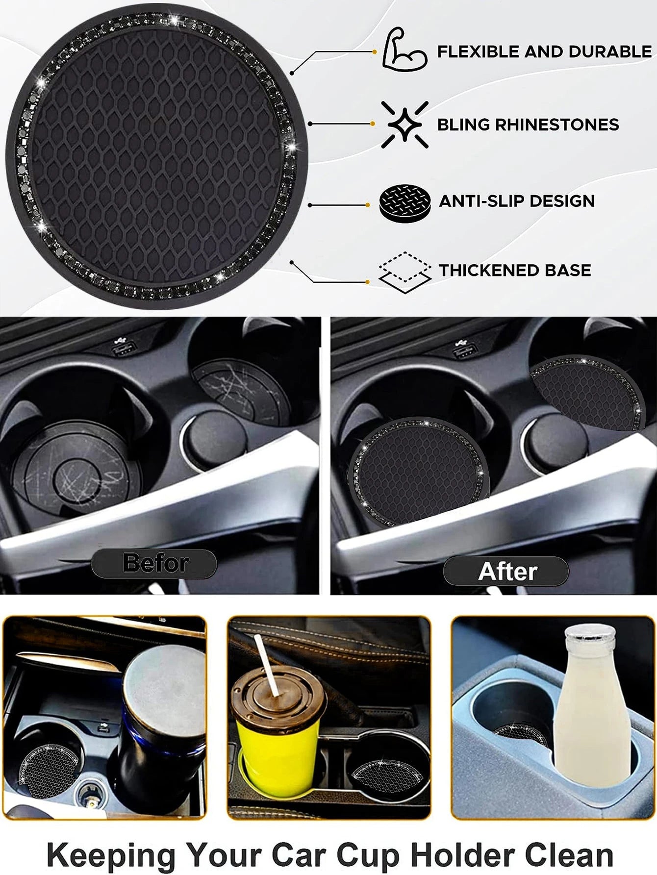 1pair Car Cup Holder Mats And 2pcs Engine Start/Stop Key Ring