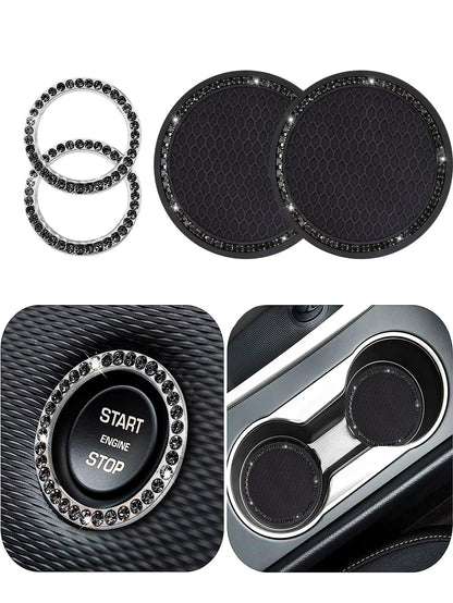 1pair Car Cup Holder Mats And 2pcs Engine Start/Stop Key Ring