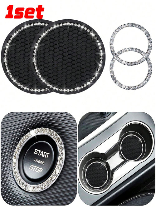 1pair Car Cup Pad & 2pcs Engine Start Stop Button Ring & 2pcs Decoration Ring