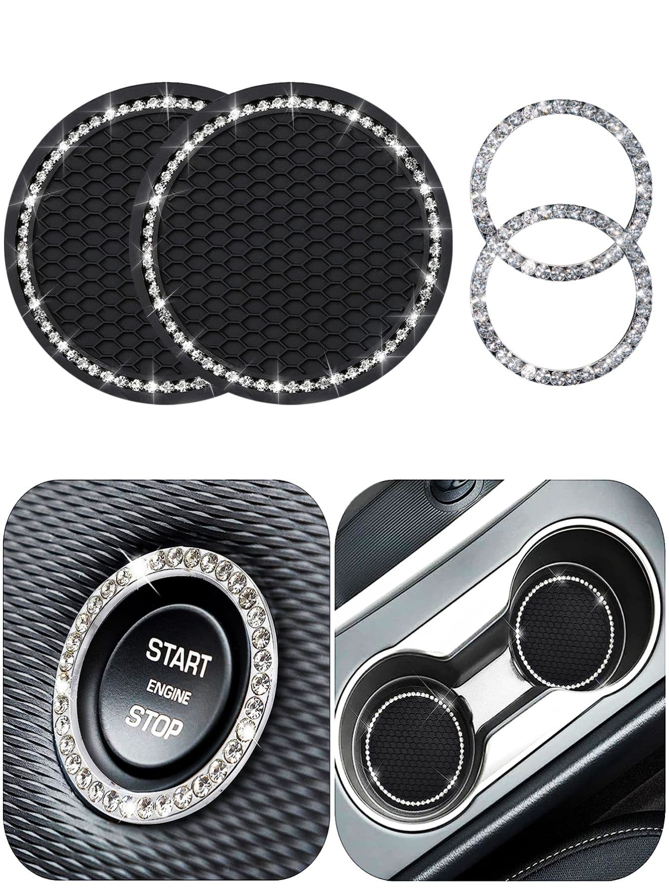1pair Car Cup Pad & 2pcs Engine Start Stop Button Ring & 2pcs Decoration Ring