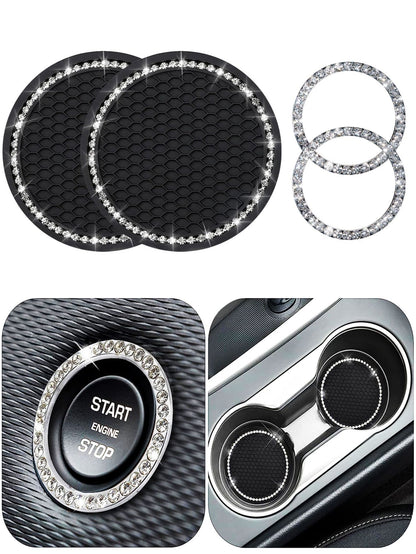 1pair Car Cup Pad & 2pcs Engine Start Stop Button Ring & 2pcs Decoration Ring