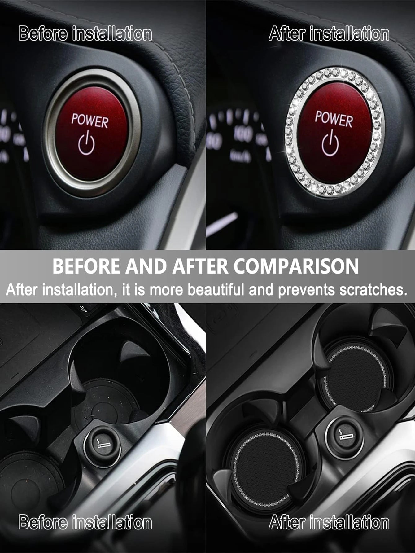 1pair Car Cup Pad & 2pcs Engine Start Stop Button Ring & 2pcs Decoration Ring
