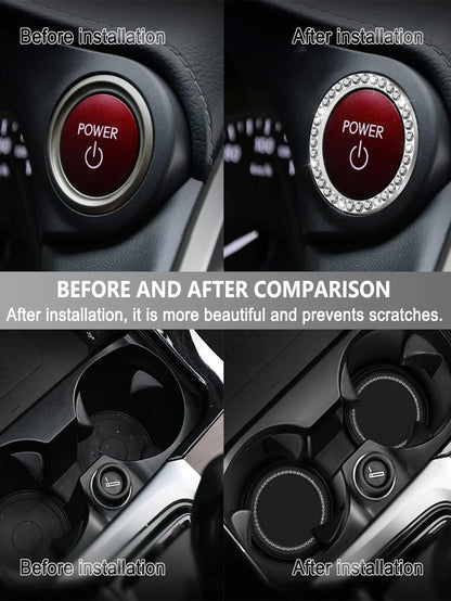 1pair Car Cup Pad & 2pcs Engine Start Stop Button Ring & 2pcs Decoration Ring