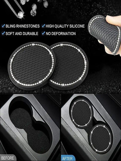 1pair Car Cup Pad & 2pcs Engine Start Stop Button Ring & 2pcs Decoration Ring