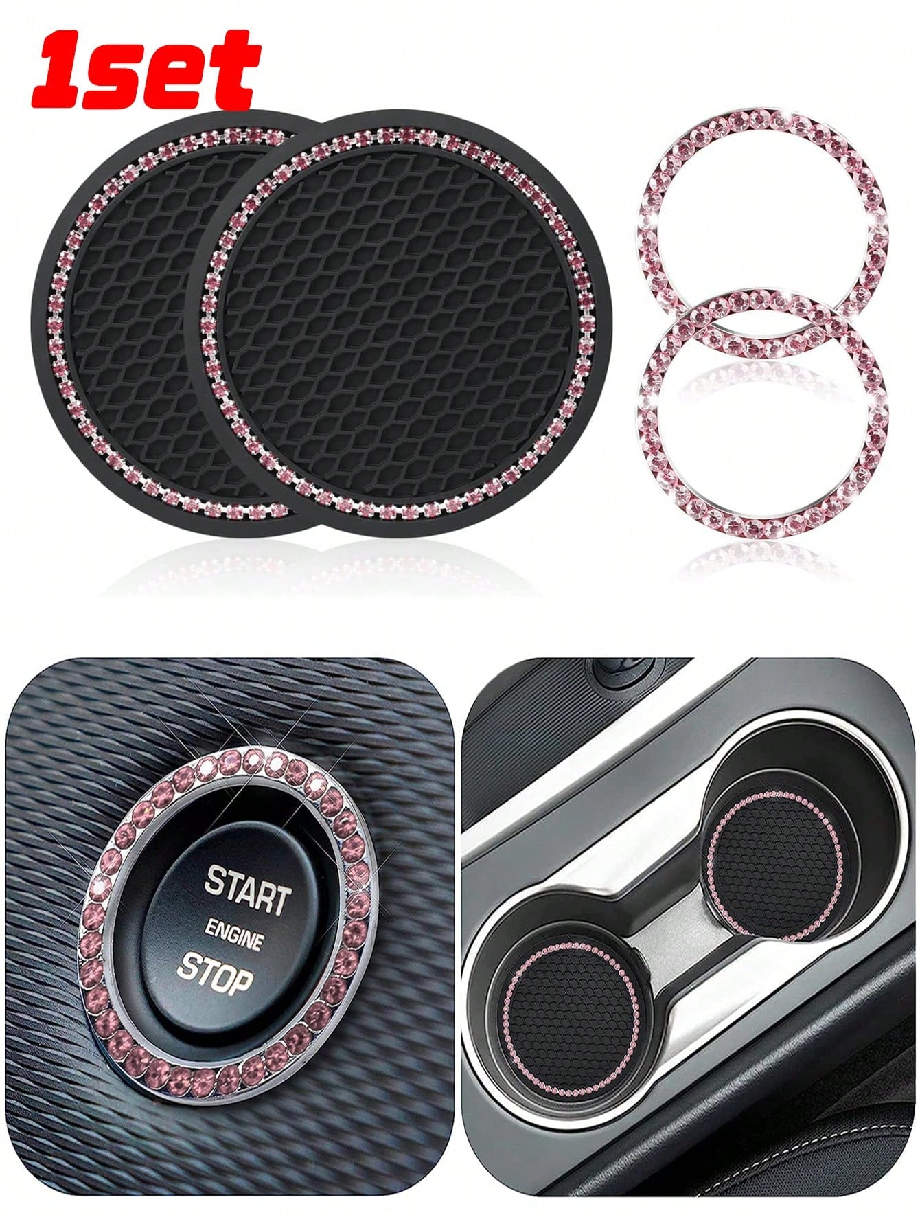 1pair Car Cup Pad & 2pcs Engine Start Stop Button Ring & 2pcs Decoration Ring