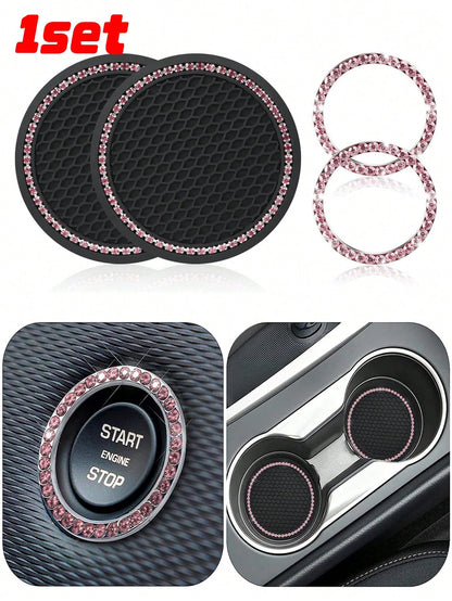 1pair Car Cup Pad & 2pcs Engine Start Stop Button Ring & 2pcs Decoration Ring