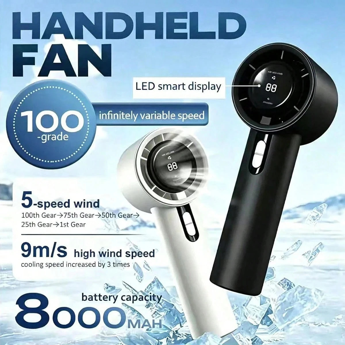 1pc 100 Speeds Portable Turbo Handheld Fan, Mini Rechargeable Personal Cooling Fan, USB-C Pocket Fan For Summer Outdoor Camping Travel Office