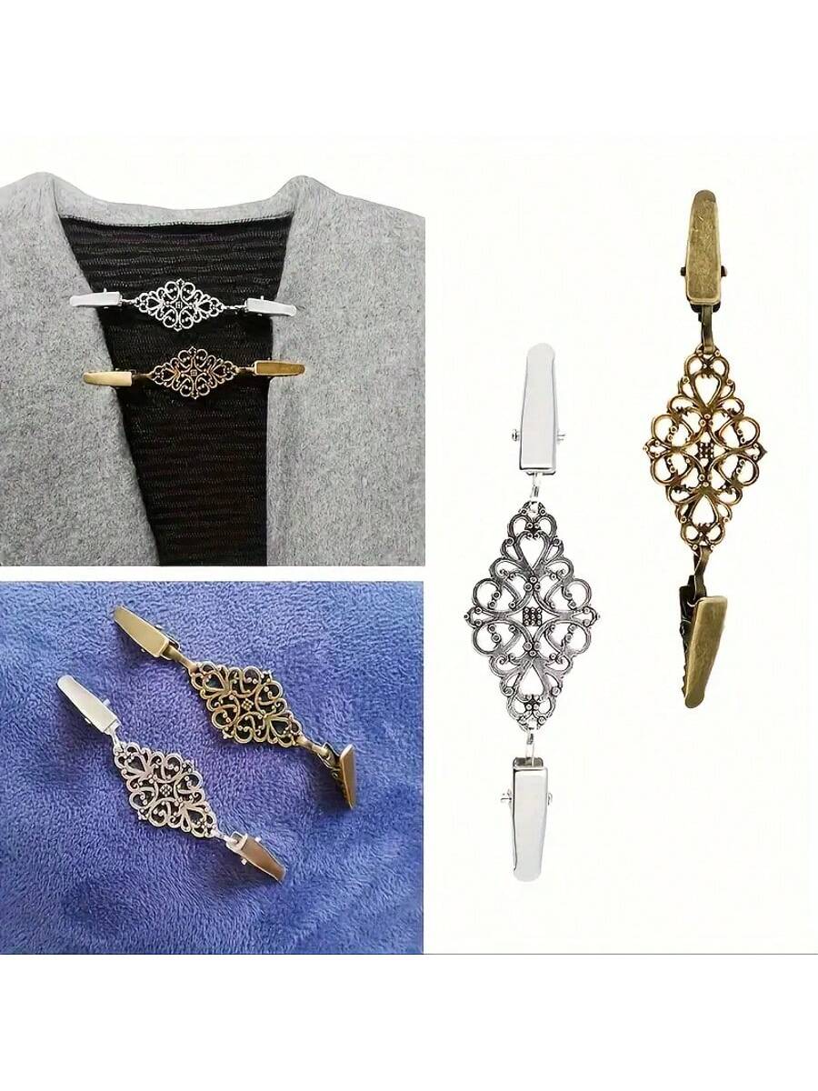 1Pc/2/4/6Pcs Fashion Sweater Clip Geometric Hollow Cardigan Clip Fashion Clothing Decoration Brooch Vintage Alloy Sweater Clip Silk Scarf Cardigan Button Shirt Collar Pin Anti-Slip Buckle Pin Keep You