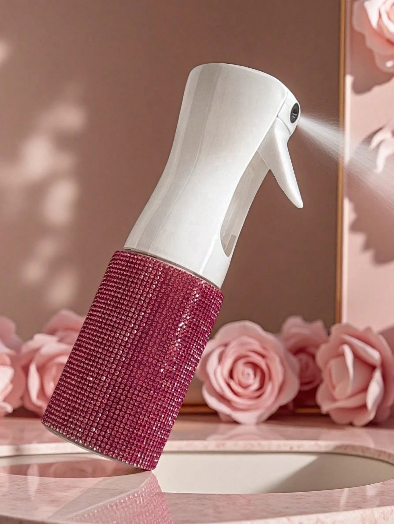 1pc 200ml Rhinestone Decorated Fine Mist Spray Bottle, Luxury Sparkling Style, Minimalist Cylindrical Shape, Suitable For Cosmetics, Home Cleaning, Hair Care, Disinfection, Watering Plants And More