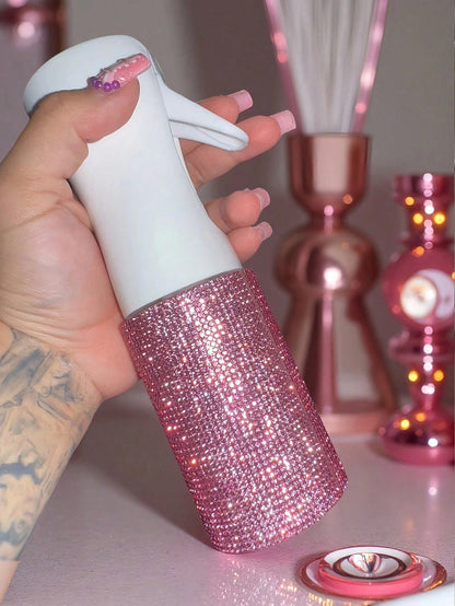 1pc 200ml Rhinestone Decorated Fine Mist Spray Bottle, Luxury Sparkling Style, Minimalist Cylindrical Shape, Suitable For Cosmetics, Home Cleaning, Hair Care, Disinfection, Watering Plants And More