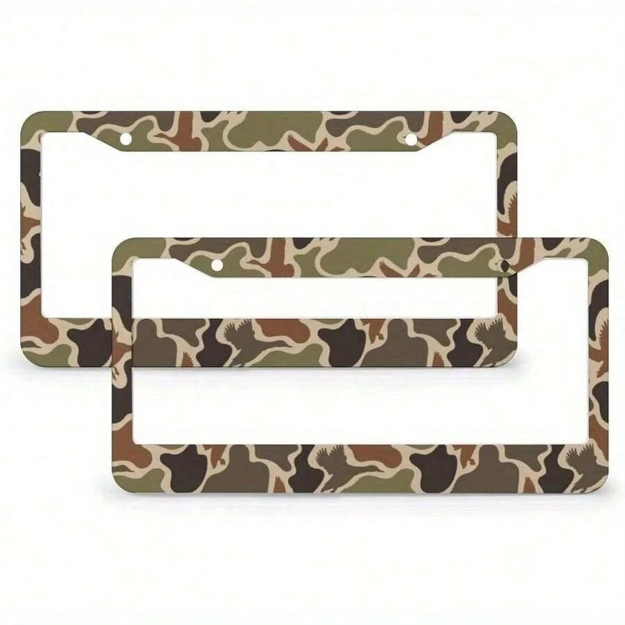 1pc 2D Flat Hunting Duck Camouflage 2-Hole Aluminum License Plate Frame- Rustproof, Unisex(122x 6.3inch)-Standard American Car License Plate Protector, Hunting Theme, Durable, Designed For Adventure E