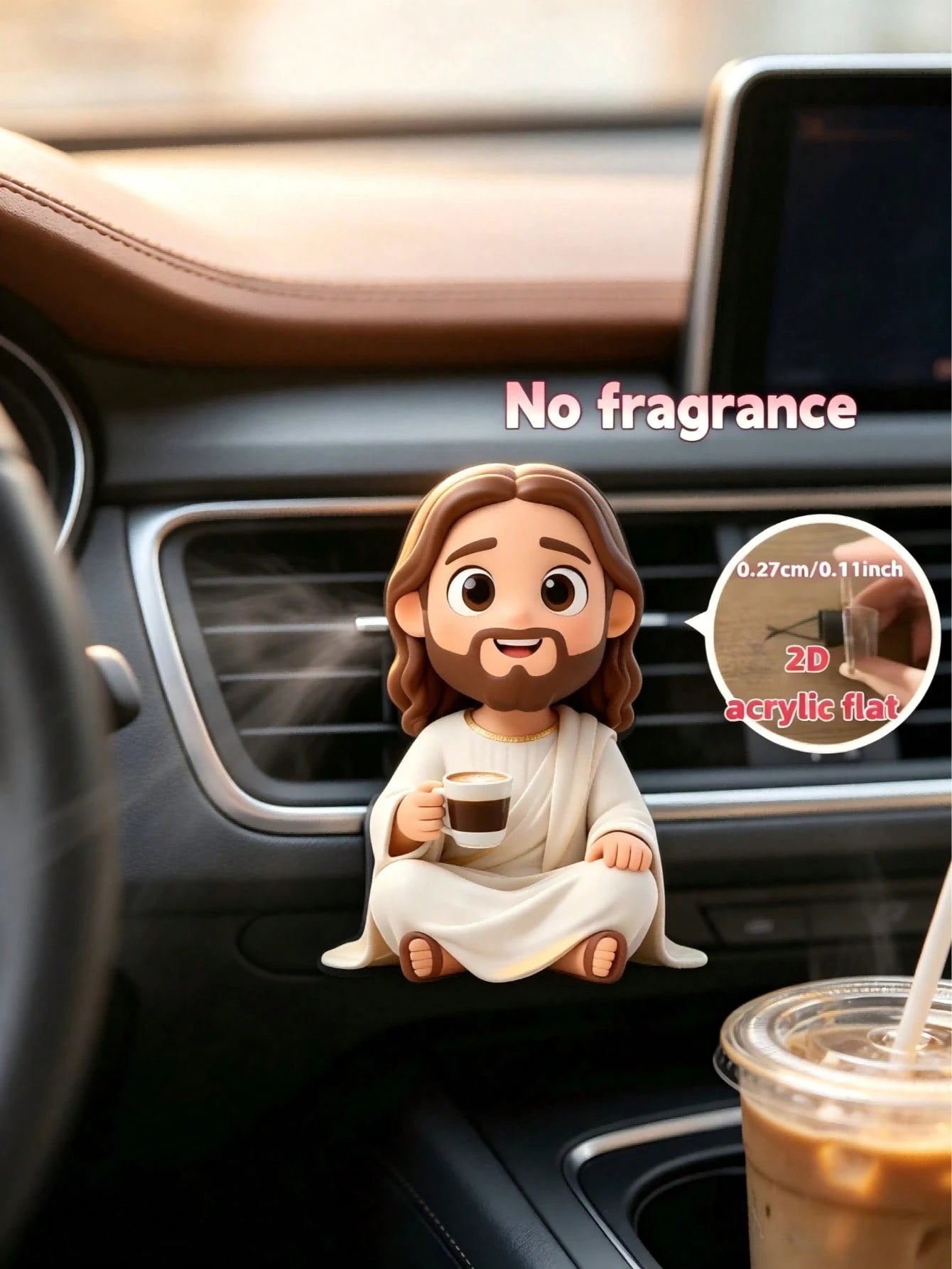 1Pc 2D PVC Jesus Holding Coffee Cup Car Air Vent Clip, Creative Religious Car Interior Ornament, Cute Car Accessories For Men Women, Unique Christian Gift For Coffee Lovers, Birthday Father's Day Moth