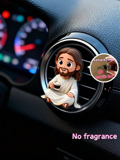 1Pc 2D PVC Jesus Holding Coffee Cup Car Air Vent Clip, Creative Religious Car Interior Ornament, Cute Car Accessories For Men Women, Unique Christian Gift For Coffee Lovers, Birthday Father's Day Moth