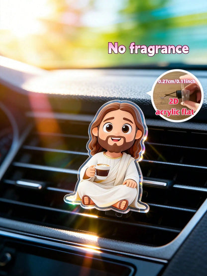 1Pc 2D PVC Jesus Holding Coffee Cup Car Air Vent Clip, Creative Religious Car Interior Ornament, Cute Car Accessories For Men Women, Unique Christian Gift For Coffee Lovers, Birthday Father's Day Moth