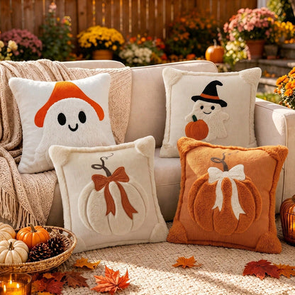 1pc/2pcs Autumn 3D Jacquard Pumpkin Pillow Cover, Faux Fur Thanksgiving Halloween Cushion Cover, 18x18 Inch, Comfortable Modern Home Style Pumpkin Bow Pillow Cover, Suitable For Farmhouse Sofa, Bench