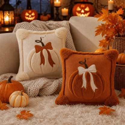 1pc/2pcs Autumn 3D Jacquard Pumpkin Pillow Cover, Faux Fur Thanksgiving Halloween Cushion Cover, 18x18 Inch, Comfortable Modern Home Style Pumpkin Bow Pillow Cover, Suitable For Farmhouse Sofa, Bench